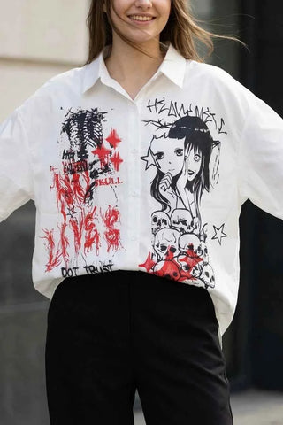 Koszula oversize grafika anime skulls - Biała